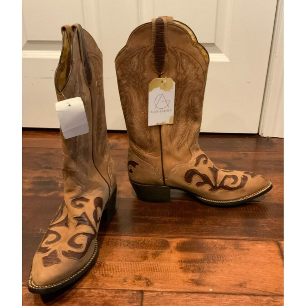 J.B. Dillon Brown Leather Embroidered Cutout Western Cowboy Boots, Size 9